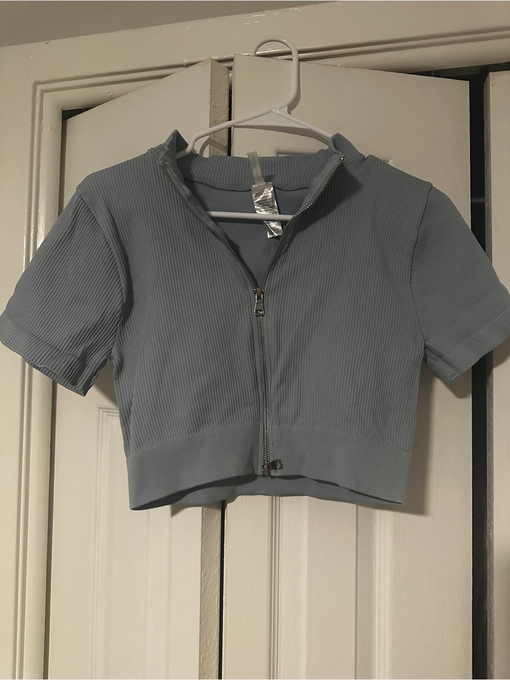 Cropped Ribbed Zip-Front Top in Light Blue
